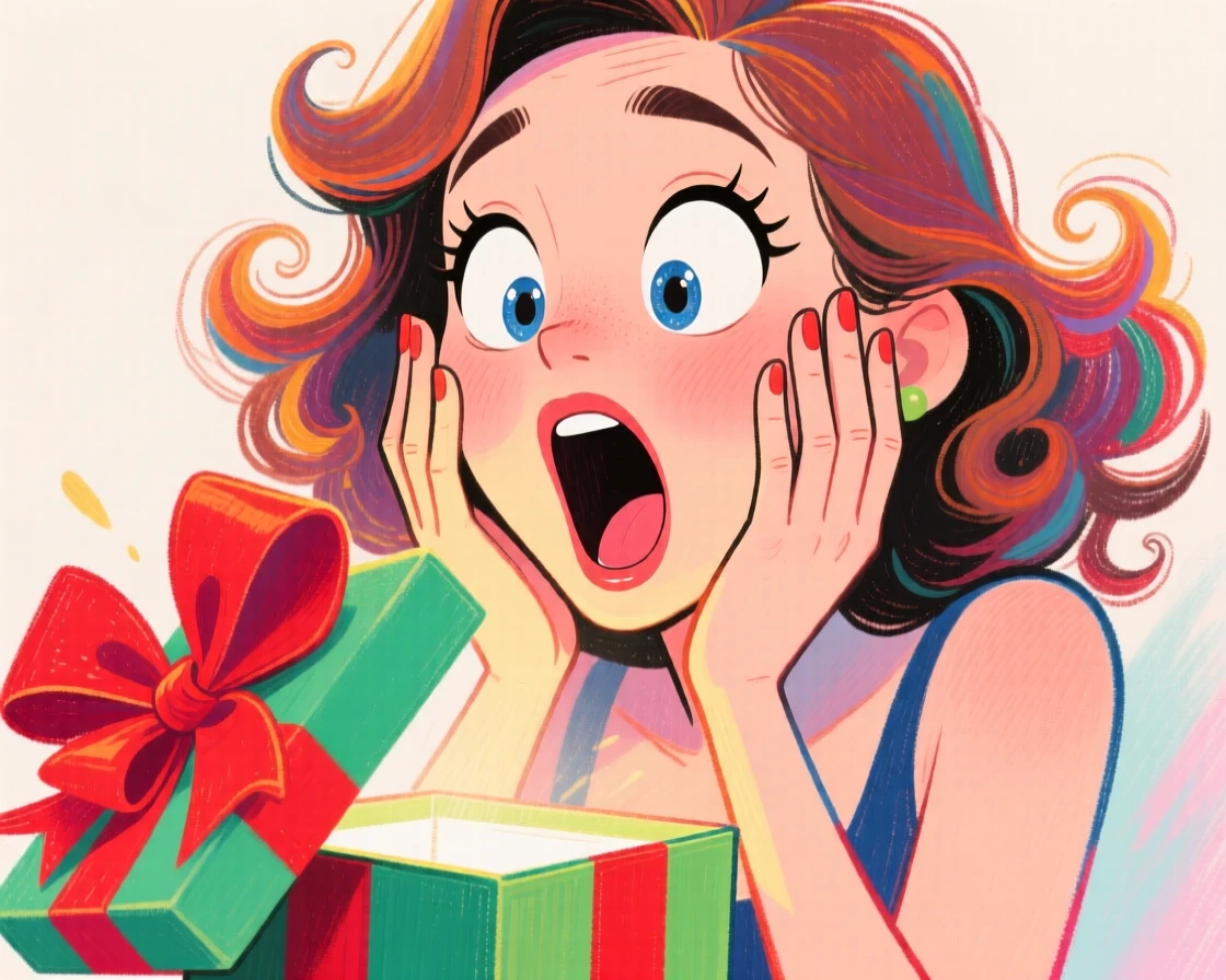 A woman doing a dramatic gasp with both hands on her cheeks after opening a gift.