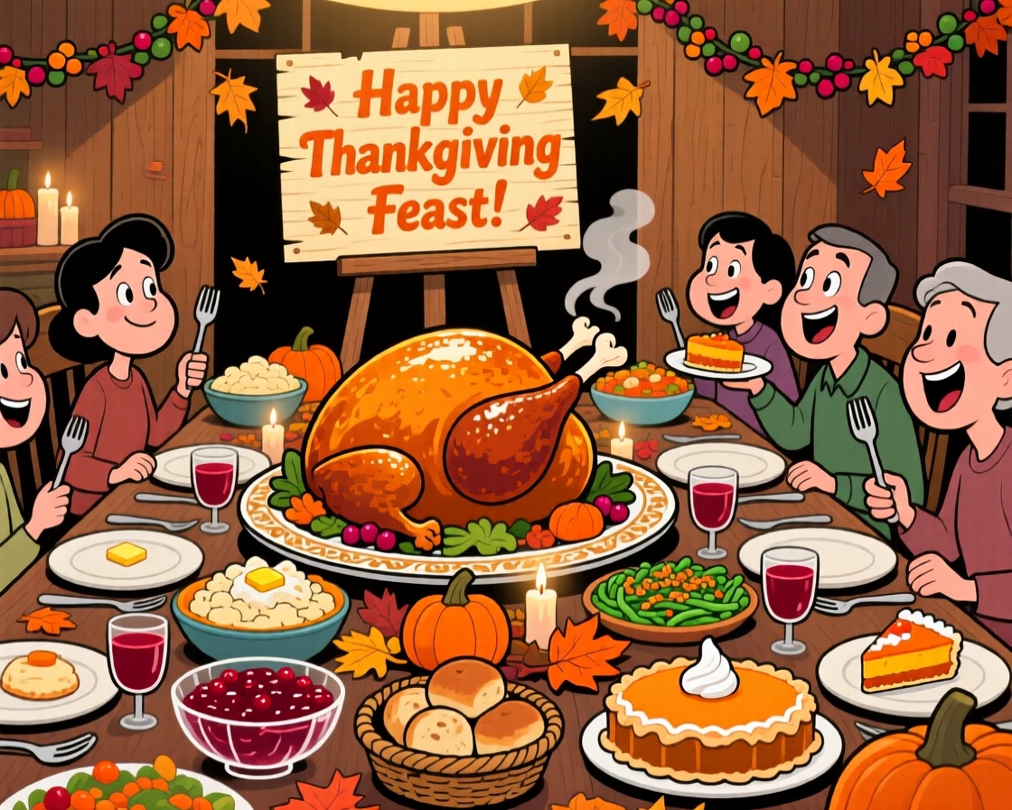 A festive celebration scene of a Thanksgiving table piled high with food, a turkey nearly too large for the platter.