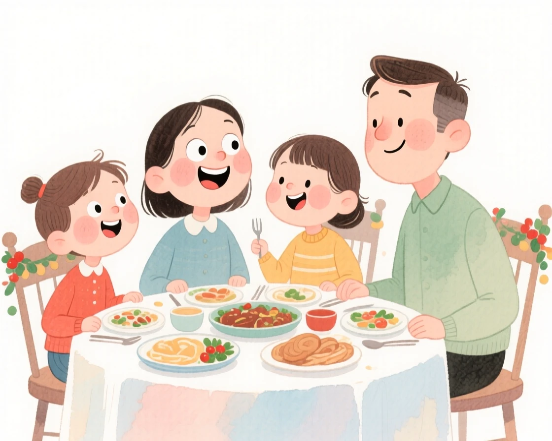 A family of four gathered around a table for a holiday feast