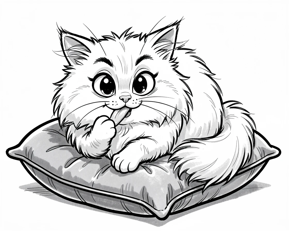 [Cute Animals & Pets] Adorable scene of a fluffy Persian cat grooming itself on a velvet cushion, bursting with charm and playful energy