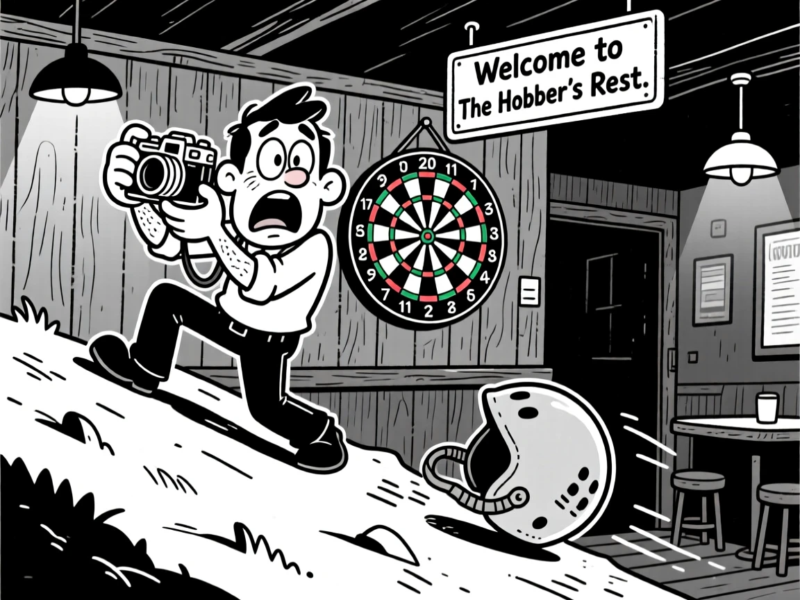 A photographer contorted for the perfect shot, gasping for breath at the top of the hill, set at a dimly lit pub dartboard. A helmet rolls away in the opposite direction. The image is a playful ode to hobbies people truly love.