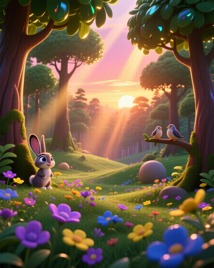A dense emerald forest glows as the last light of sunset paints the sky in orange and pink, with wildflowers scattered across the foreground. The mood is serene, vast, and quietly majestic.