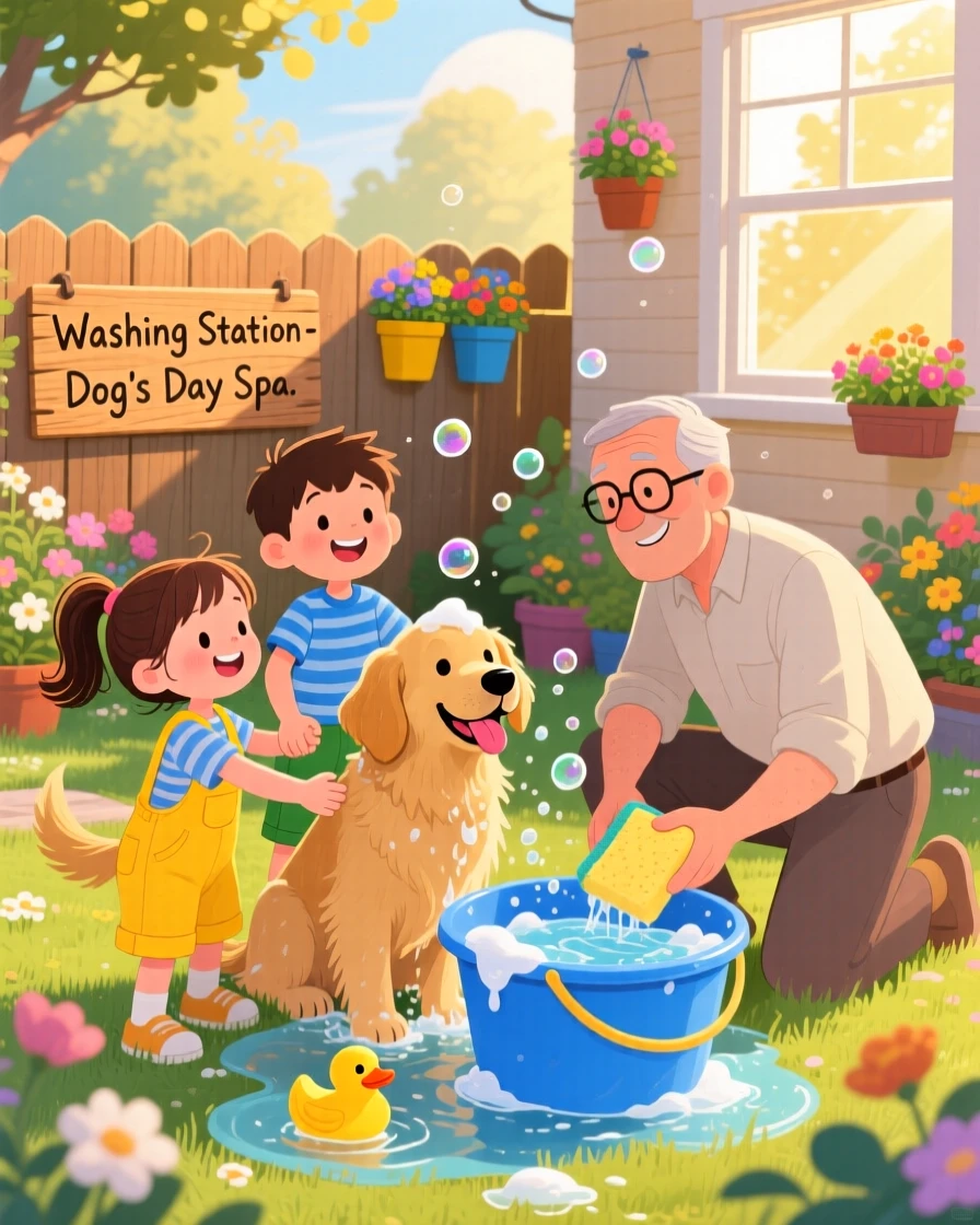 Siblings holding hands spends the afternoon washing a happy dog in the backyard with his kind uncle, as golden afternoon light streams through the window.