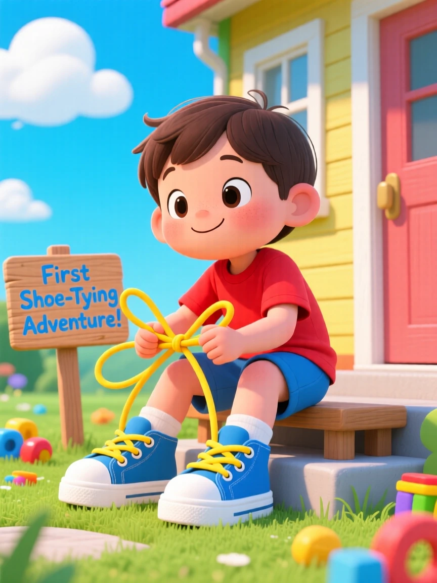 A child tying their shoelaces for the very first time alone.