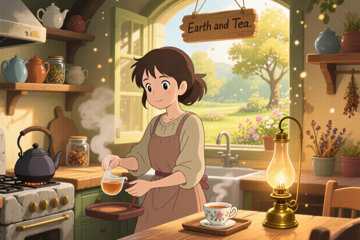 A woman brewing tea in a sunlit kitchen, warm lamplight spilling across the room, the whole scene feeling warm and comforting.