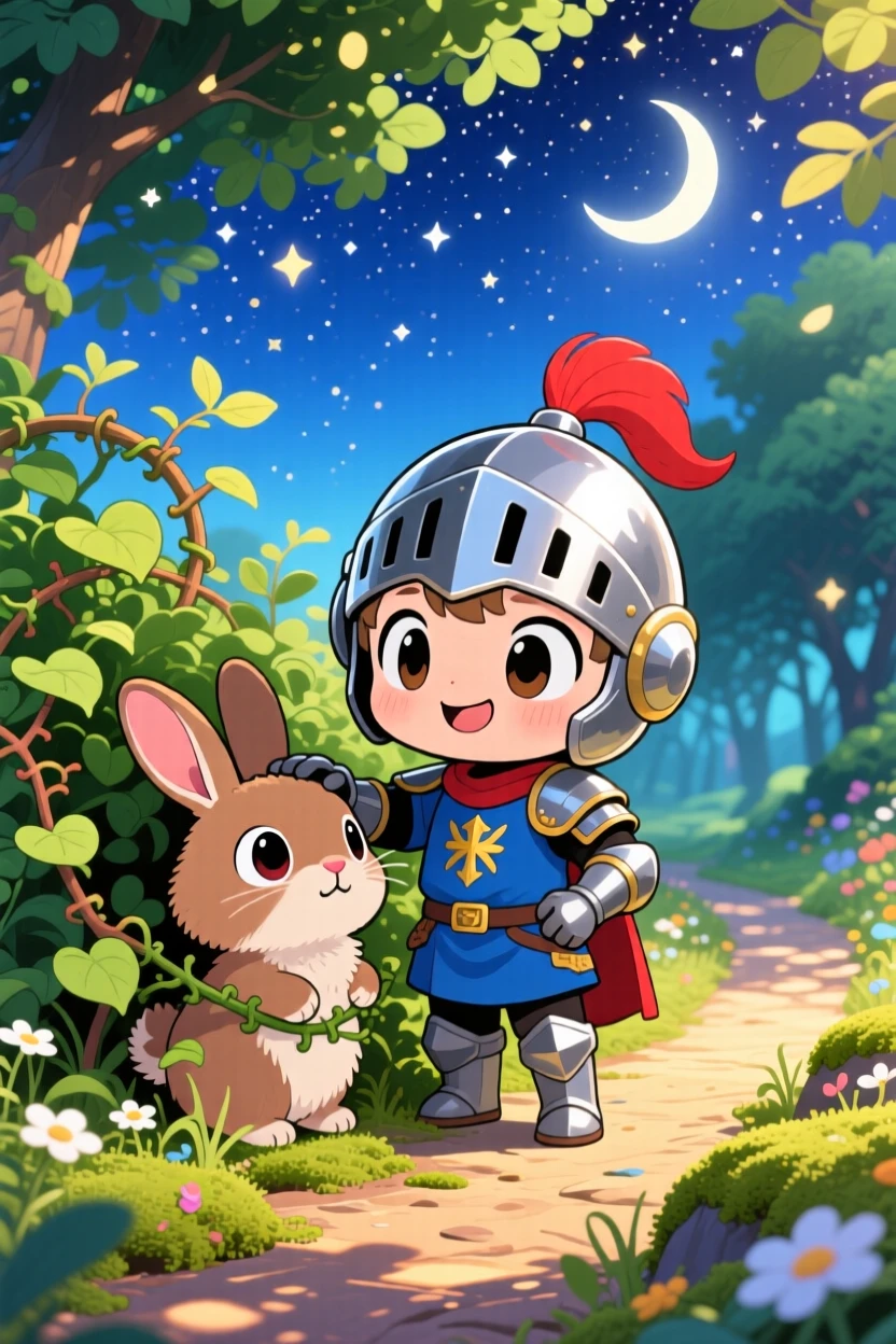 Silhouette composition: a small knight, helping a trapped animal out of a thicket, set against a sunny woodland path under a starry midsummer night sky, with dappled sunlight through a canopy and a mood of playful mischief.