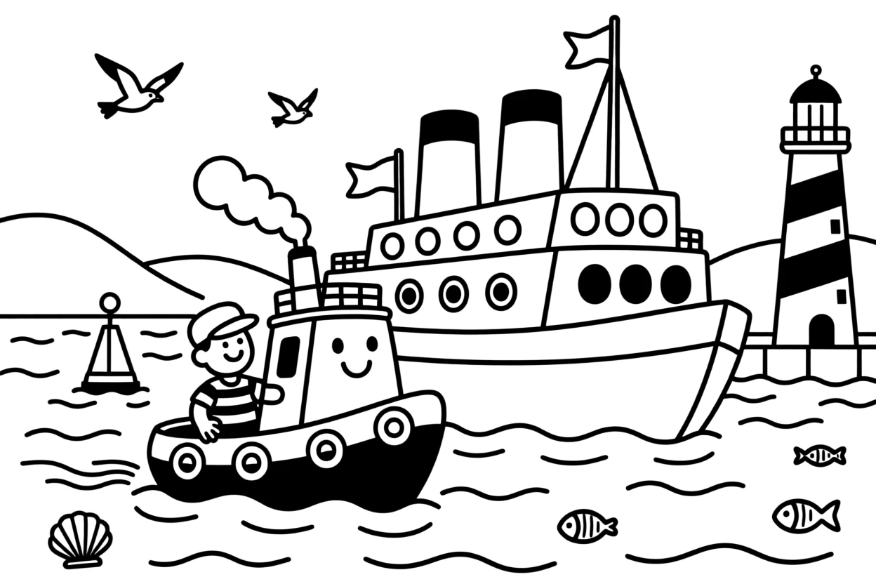 A friendly tugboat guiding a big ship into harbor
