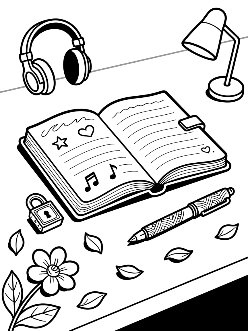 A diary with a small lock resting beside a pen, with a trail of fallen petals scattered below.