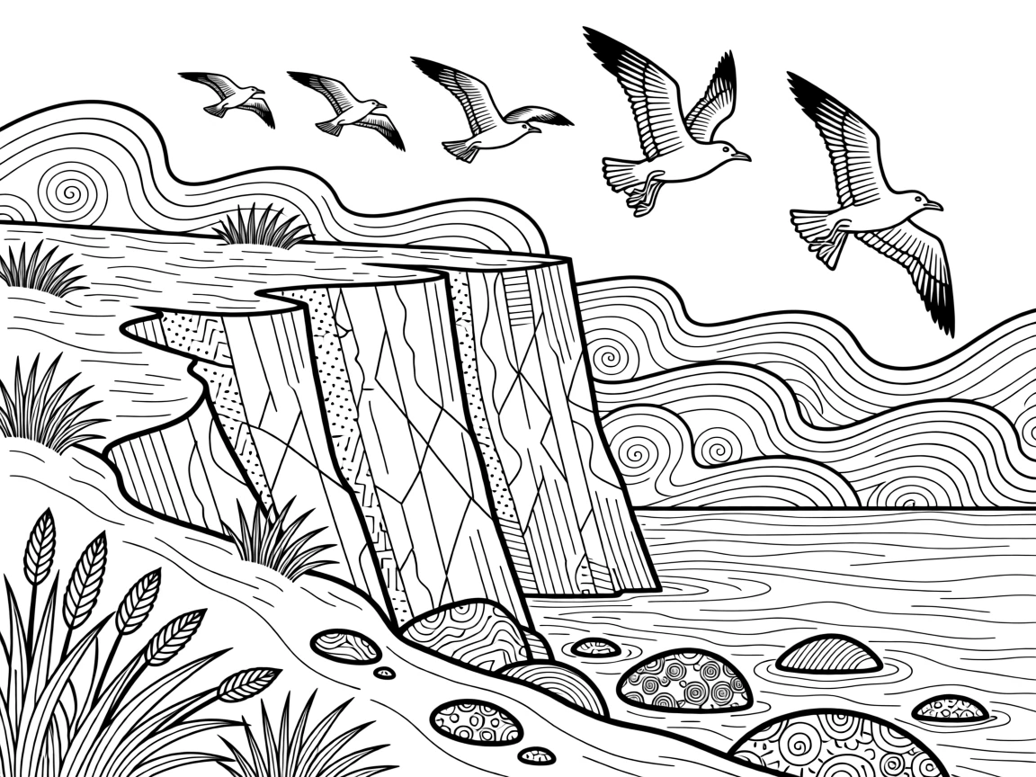 A group of seagulls flying above a rocky coastal cliff.