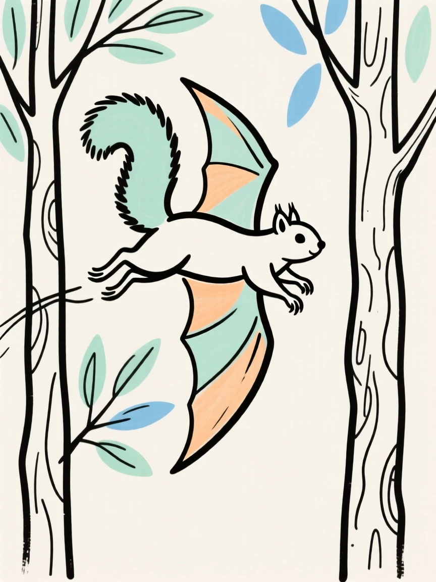 A flying squirrel gliding between trees