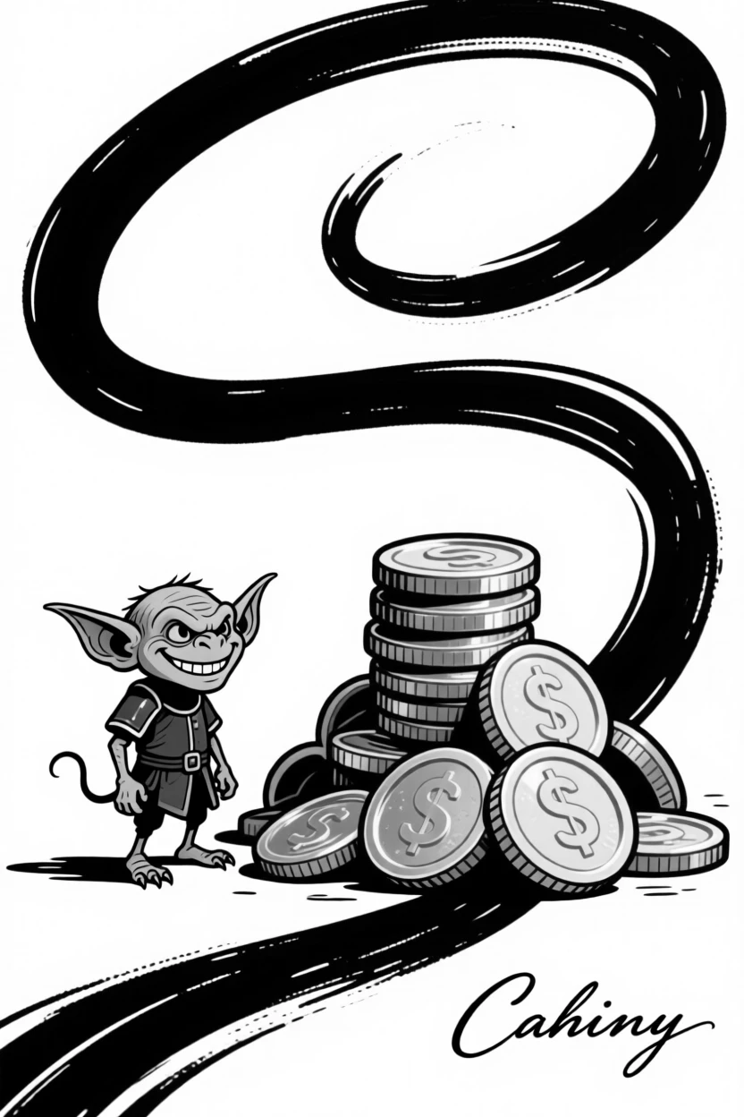 A tiny goblin character guarding a pile of shiny gold coins nearly its size.
