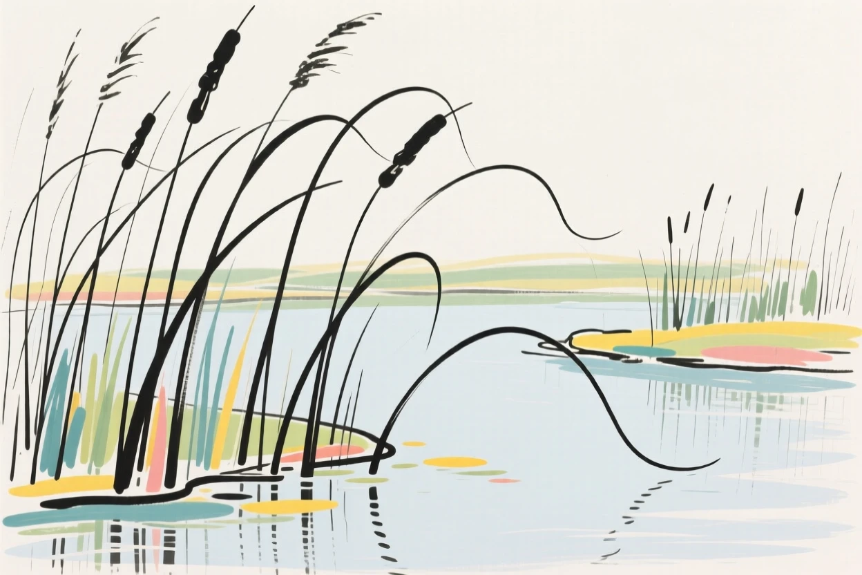 A quiet marshland with tall reeds swaying beside still water.
