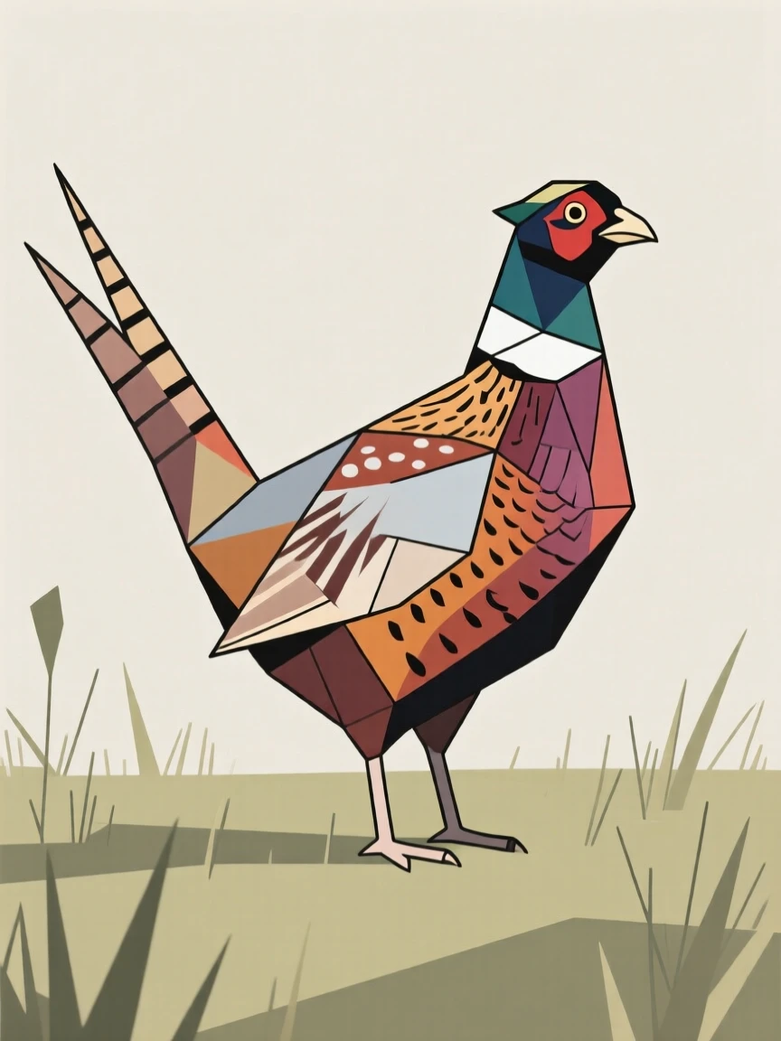 A pheasant with colorful plumage in a field