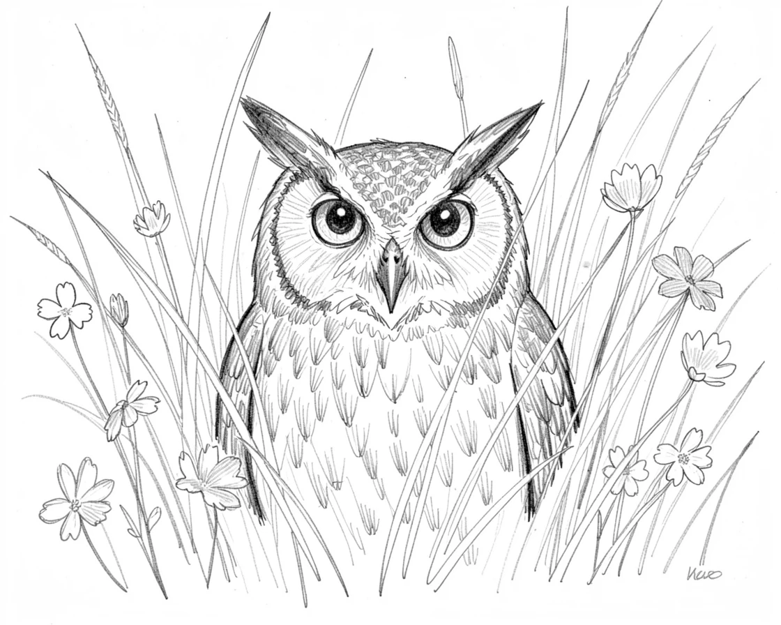 A wise-looking owl peeking out from tall autumn grass, among scattered wildflower petals.