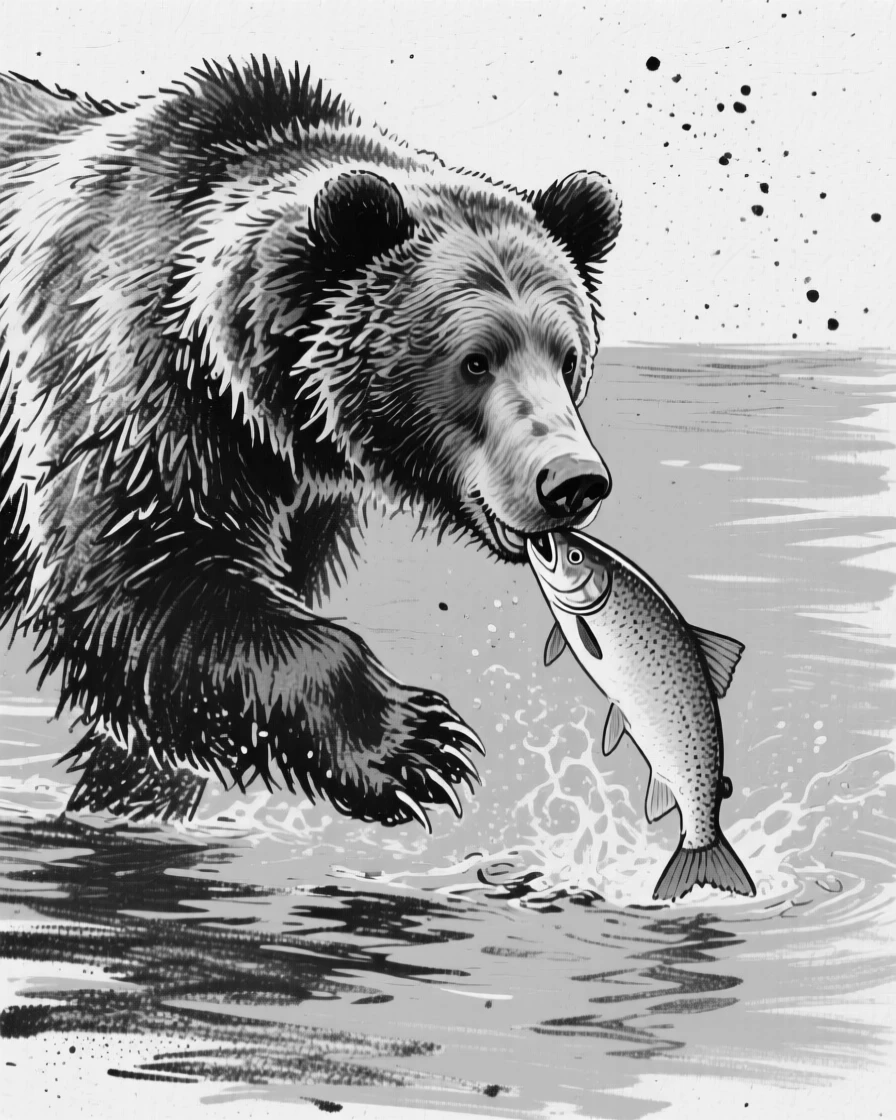 A grizzly bear catching salmon swimming through calm turquoise waters.