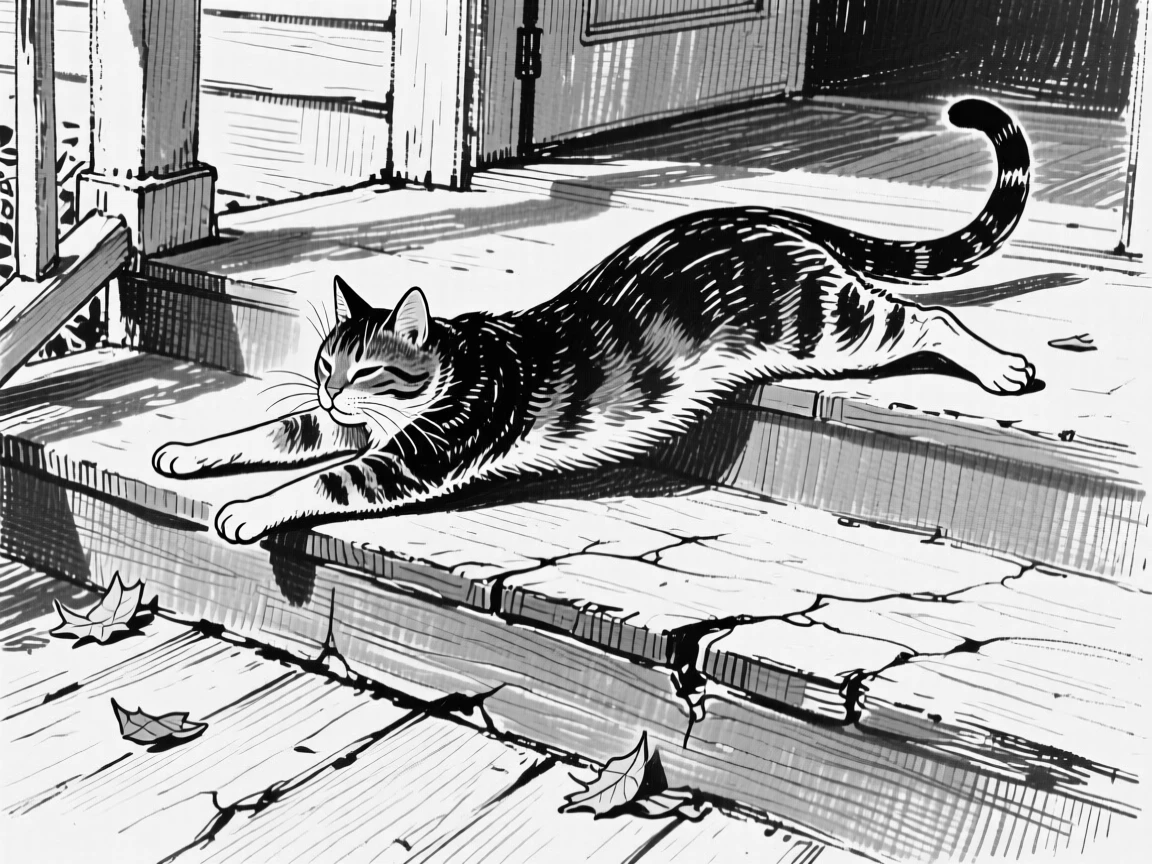 A cat stretching lazily on a sunlit porch step.