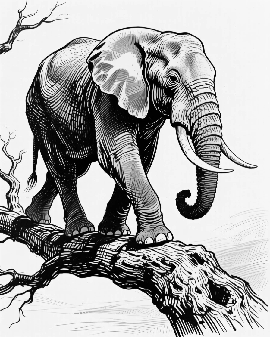 A gentle elephant atop a weathered tree branch, muscles tensed mid-stride, capturing a noble and powerful moment in nature with a strong, centered focal point.