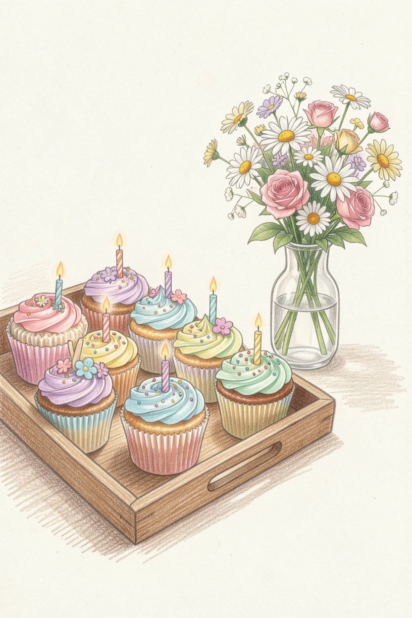 A tray of colorful cupcakes decorated for a birthday celebration, set beside a small vase of fresh flowers, celebrating the joy of shared meals and gatherings.