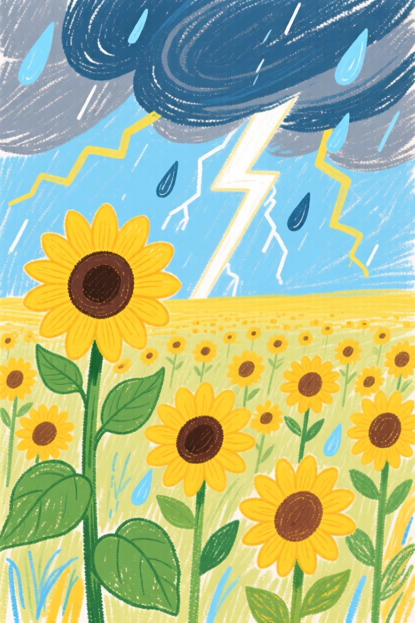 A field of golden sunflowers beneath a dramatic thunderstorm sky.