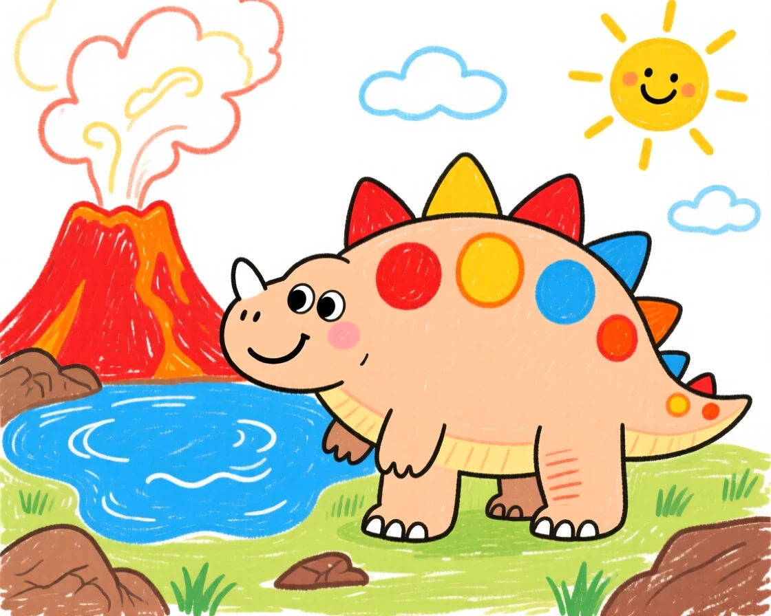A gentle giant ankylosaurus beside a steaming volcanic lake.