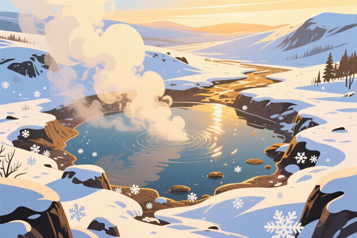 A geothermal hot spring surrounded by steam and snow, under warm golden hour lighting, shown from an elevated viewpoint overlooking the scene, with a fresh, crisp clarity that highlights every detail.