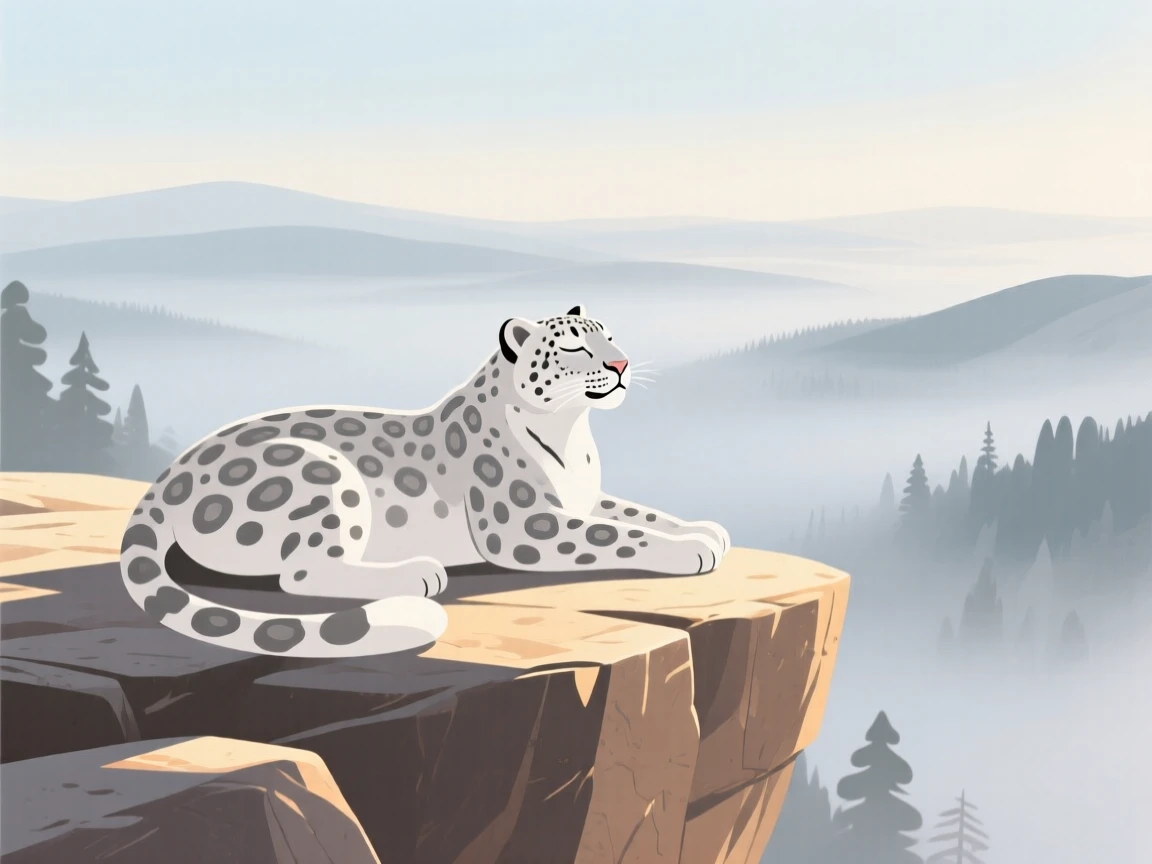 A majestic snow leopard resting on a sunlit ledge overlooking the misty valley.