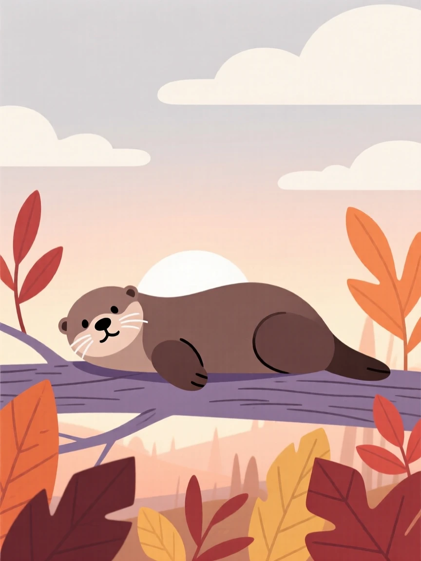 A sea otter waking slowly at dawn in an autumn woodland, near drifting clouds, giving off a sense of calm contentment.