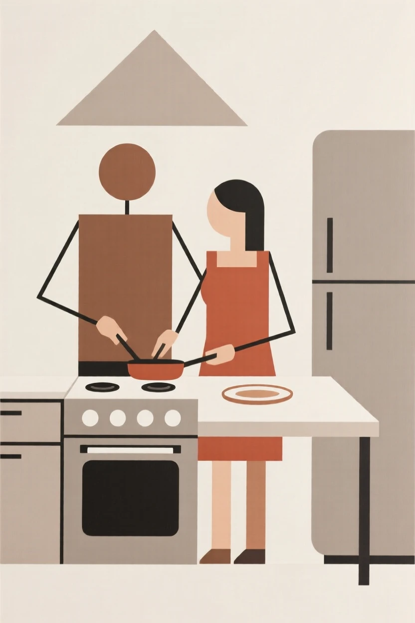 A couple cooking dinner together in a kitchen