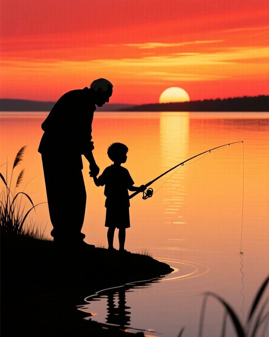 A grandfather guiding his grandson's hands on a fishing rod at the edge of a quiet lake.