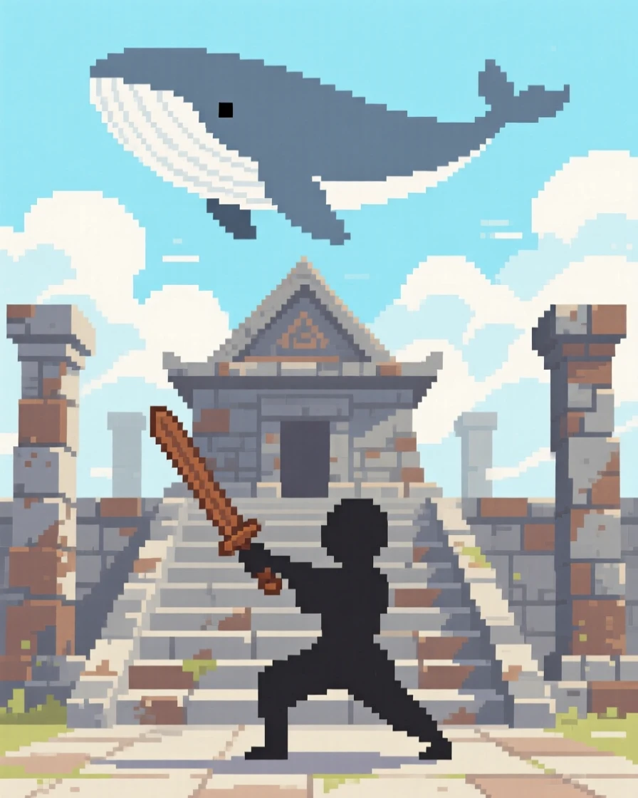 A sky whale drifting above the clouds training with a wooden practice sword, on the steps of an old stone temple.