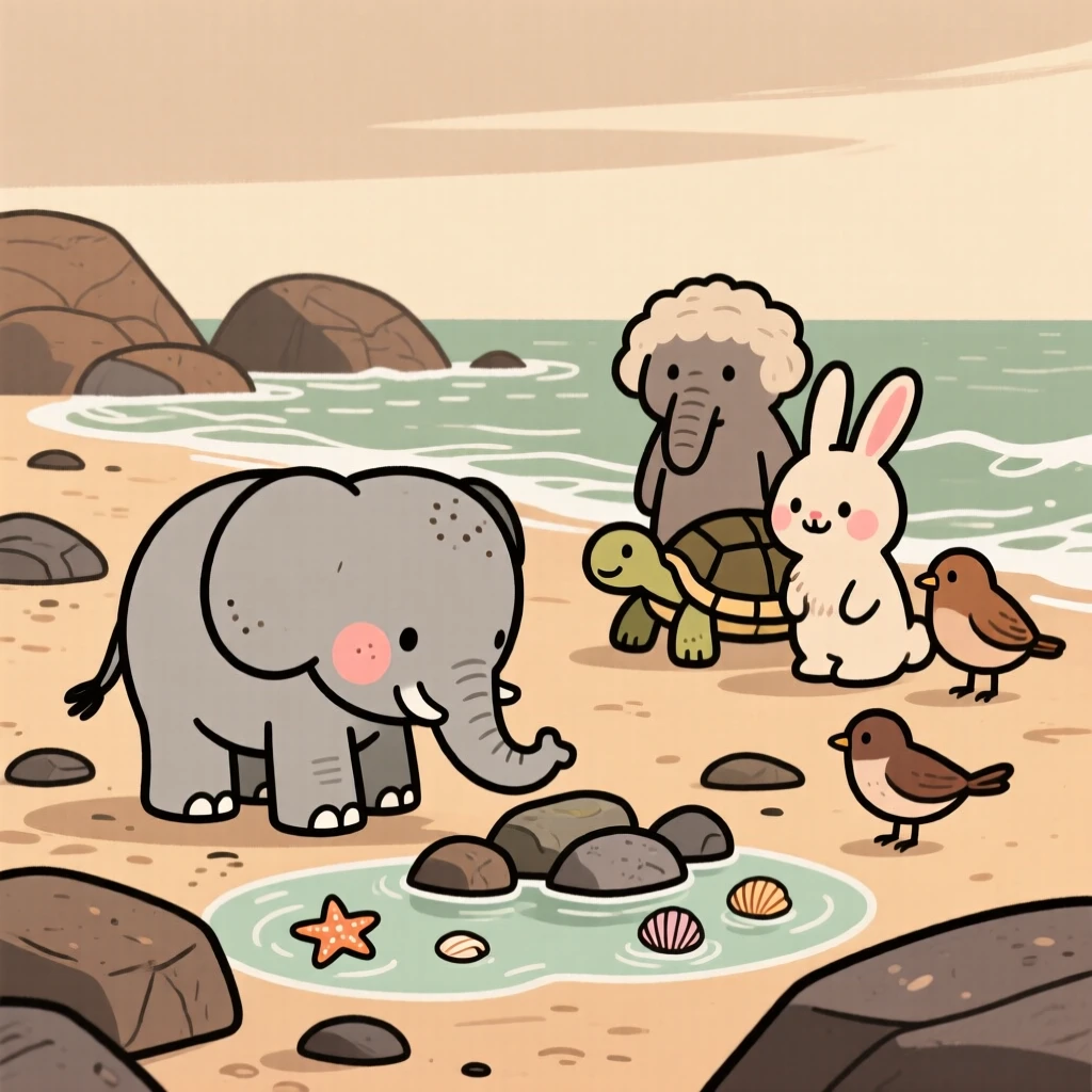 A baby elephant explores a rocky shoreline for the first time, sniffing at everything nearby while a nearby group of onlookers watches with gentle patience.