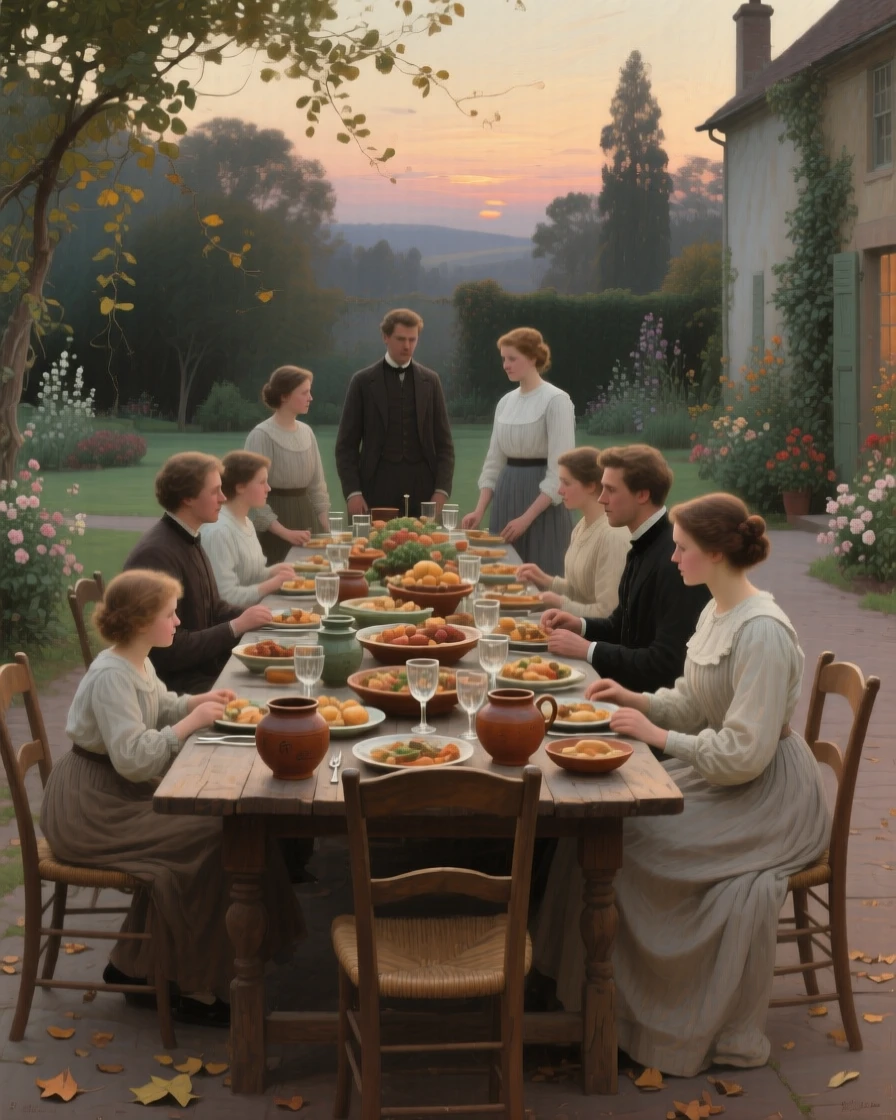 A wide establishing shot of a family gathered around a long wooden table for a Sunday feast, at twilight, in a soft summer breeze.
