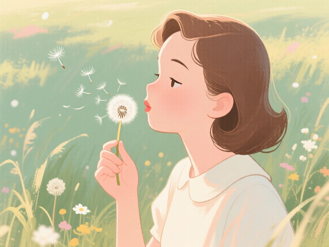 A young girl blowing dandelion seeds in a summer meadow