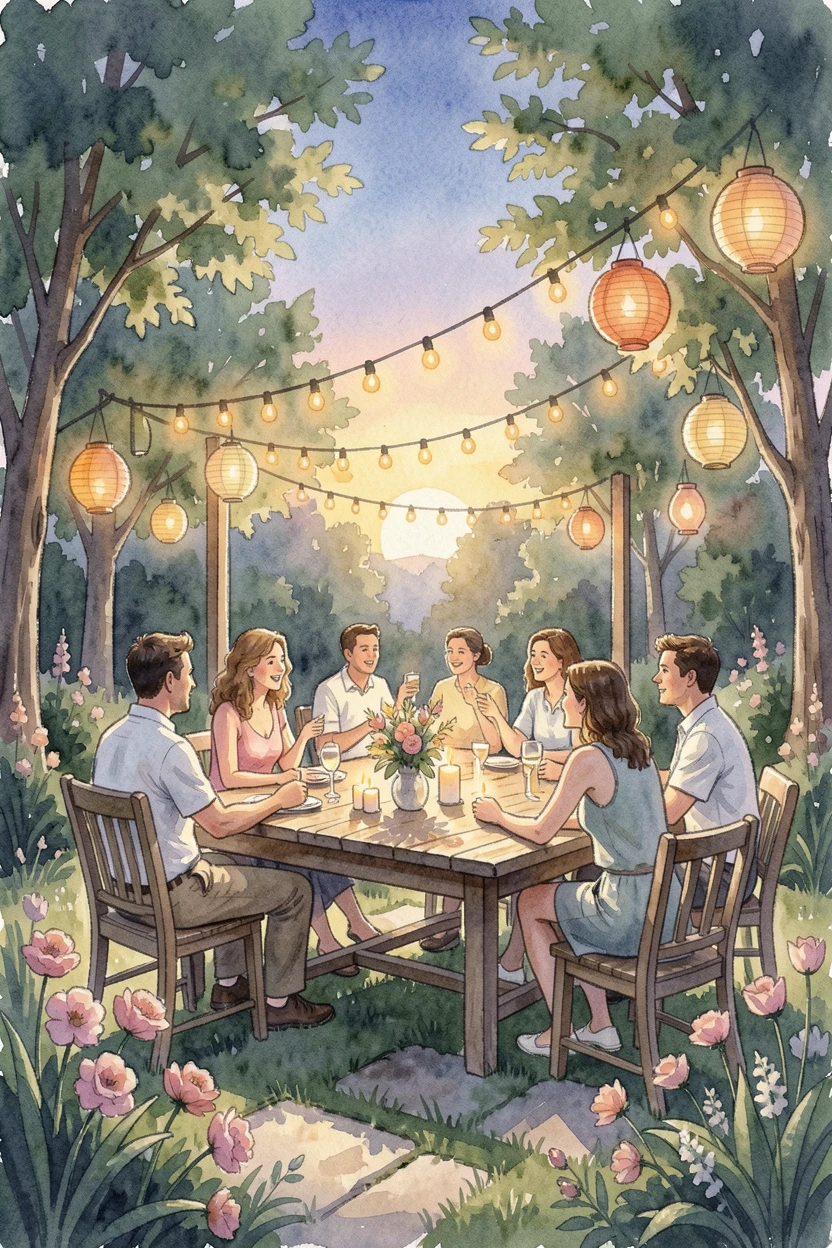 A summer garden party with string lights and lanterns under strings of warm fairy lights.