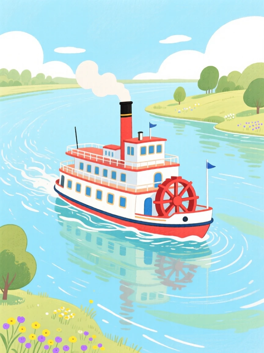 A paddle steamer cruising down a wide river, peaceful and full of gentle motion.