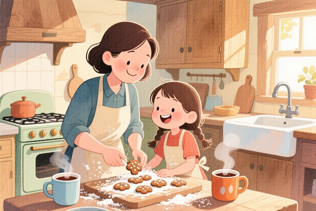 A mother and daughter baking cookies together, flour dusted on their aprons, in a warm farmhouse kitchen filled with afternoon light, with steam rising from mugs of cocoa nearby, a tender bond of love passed between generations.