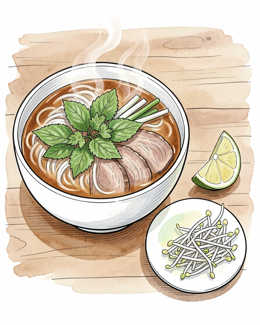A bowl of hearty pho soup with fresh herbs, lime, and bean sprouts arranged on the side
