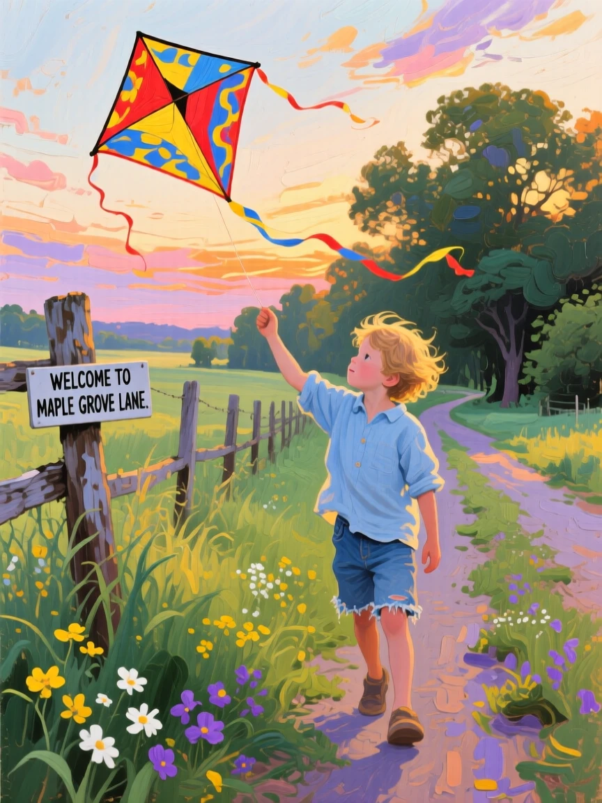 a child flying a kite beside a country lane, on a gentle summer evening, from an inviting eye-level viewpoint.