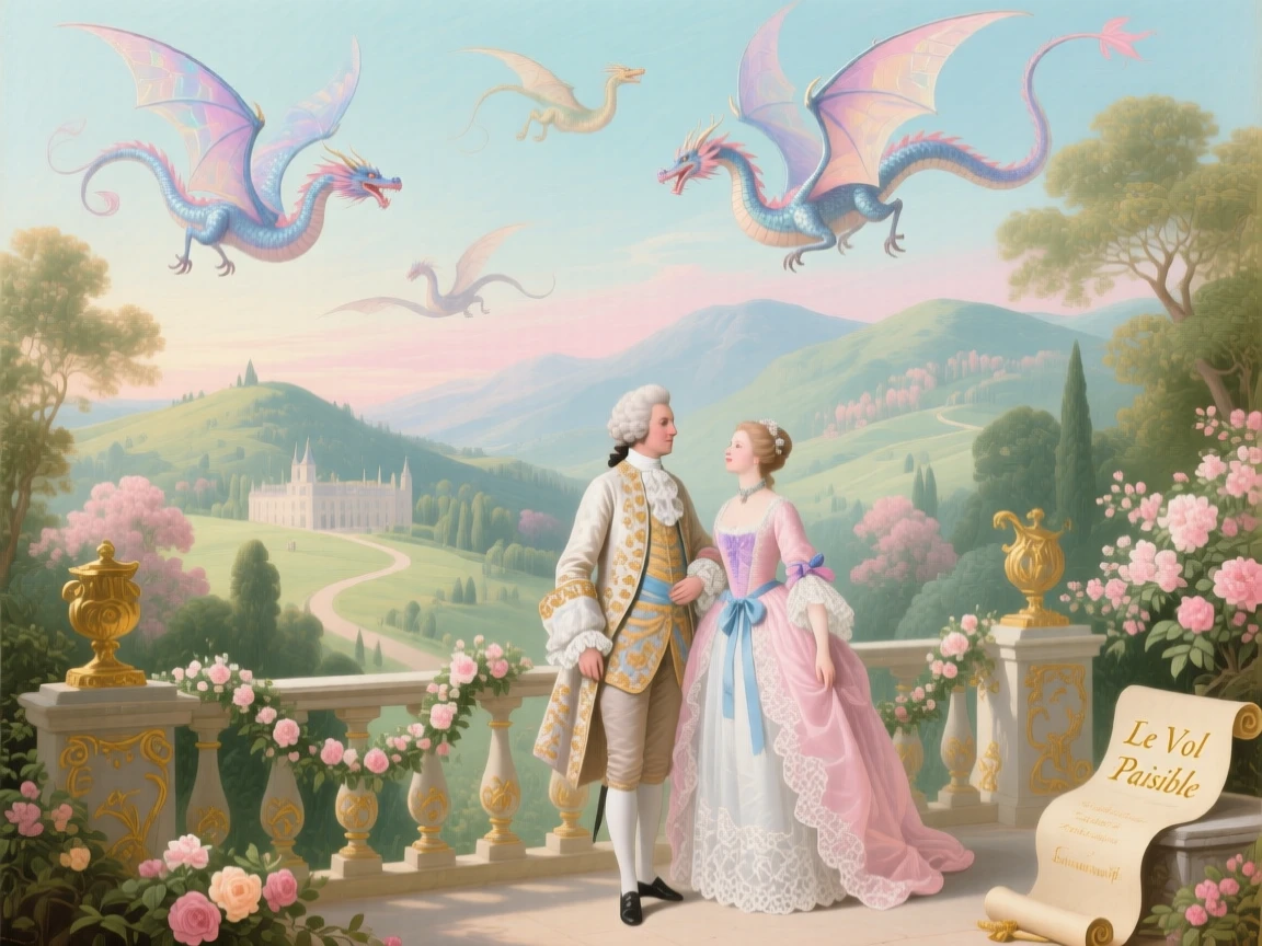 A royal couple watching dragons fly peacefully over a mountain estate  