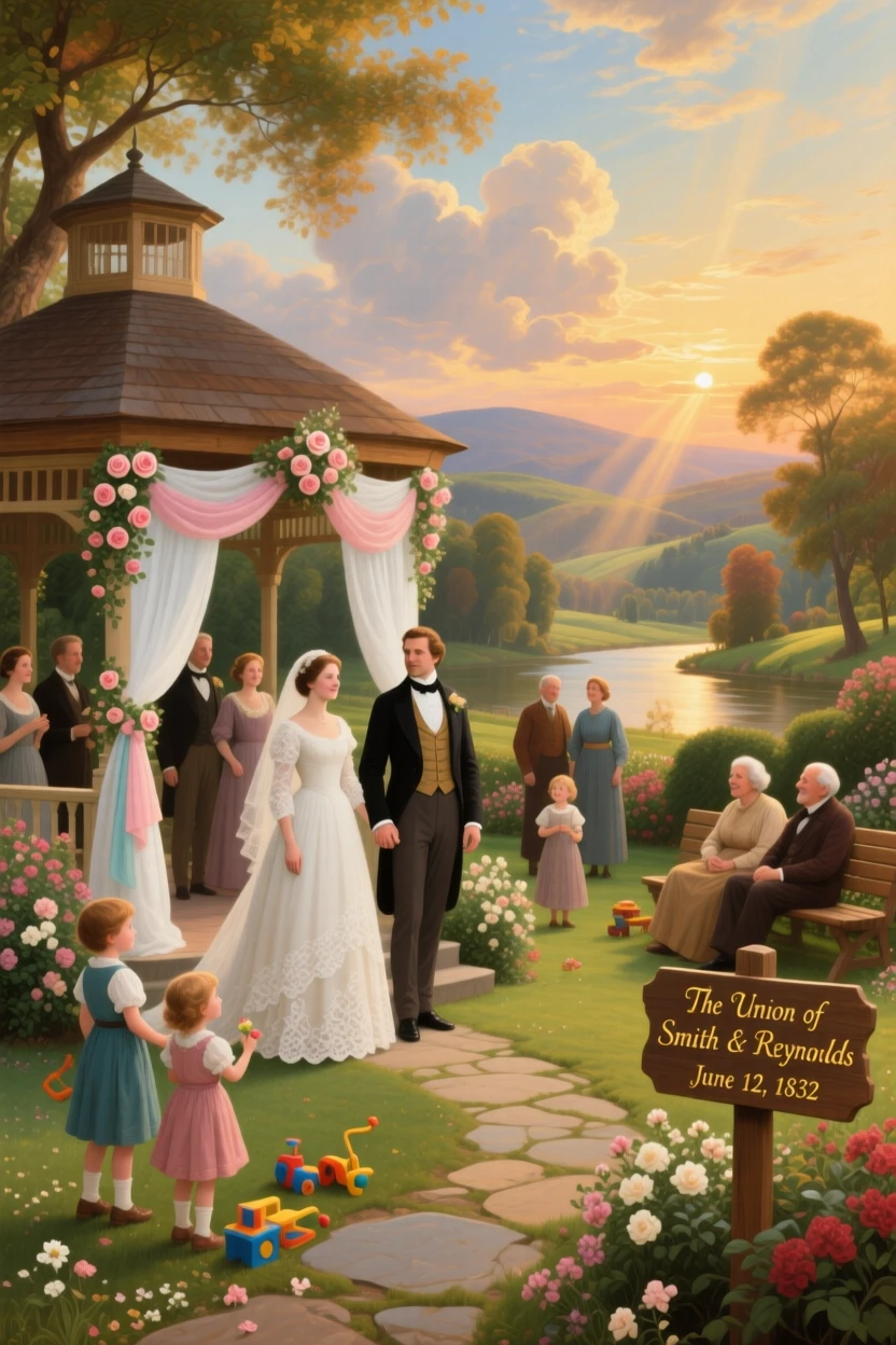 Generations of a family gather for a wedding celebration in a garden.