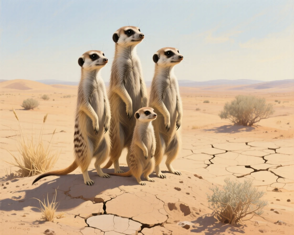A family of meerkats standing alert together in the desert sun, its eyes sharp and fully alert to the surroundings, highlighting the quiet majesty found in the natural world
