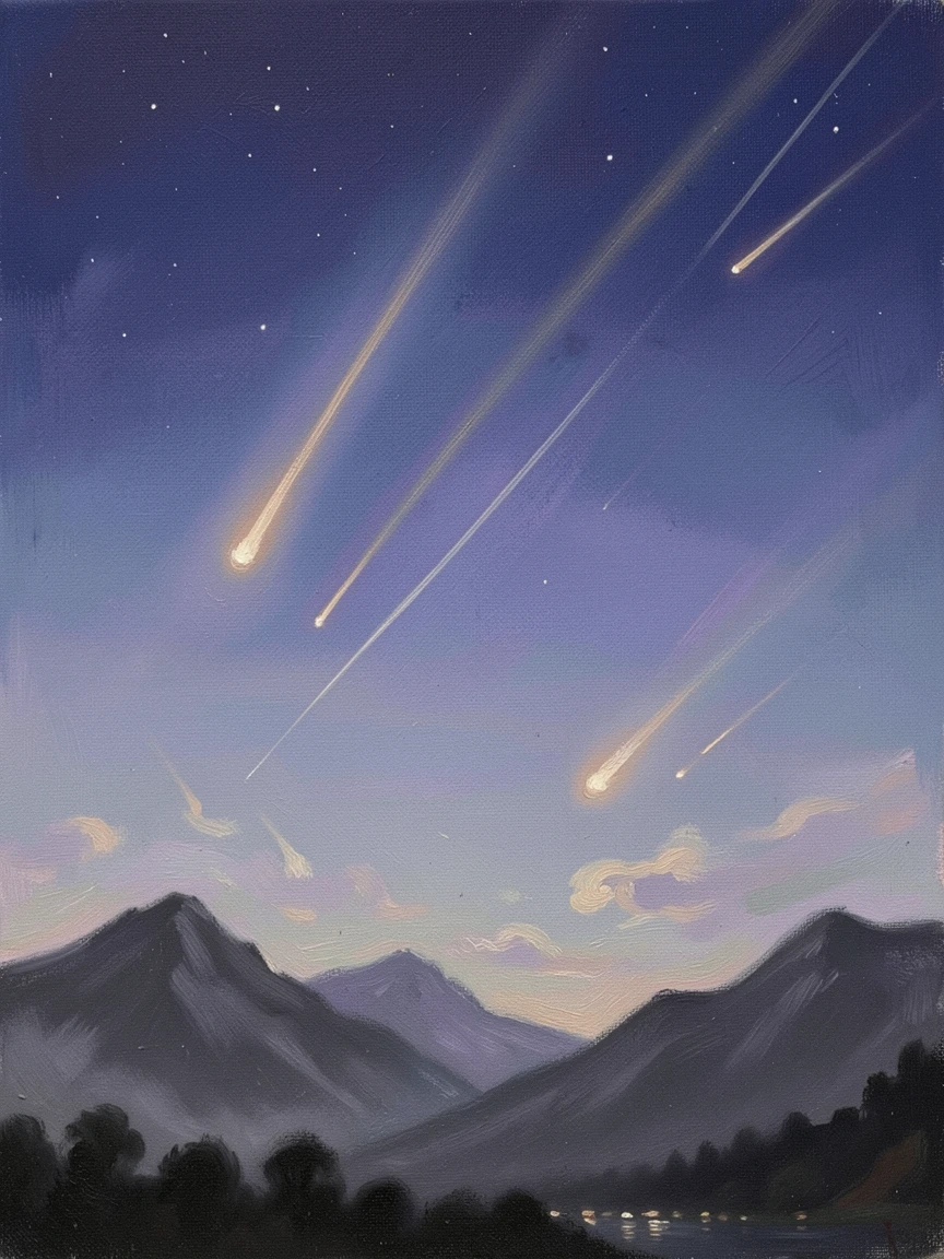 A meteor shower streaking across a clear night sky above a silhouetted mountain range.