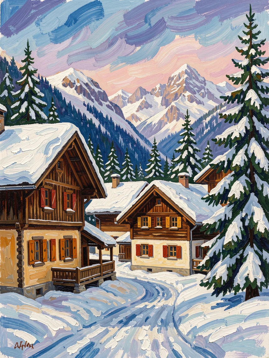 A quiet mountain village in the Swiss Alps, wooden chalets dusted with fresh snow.