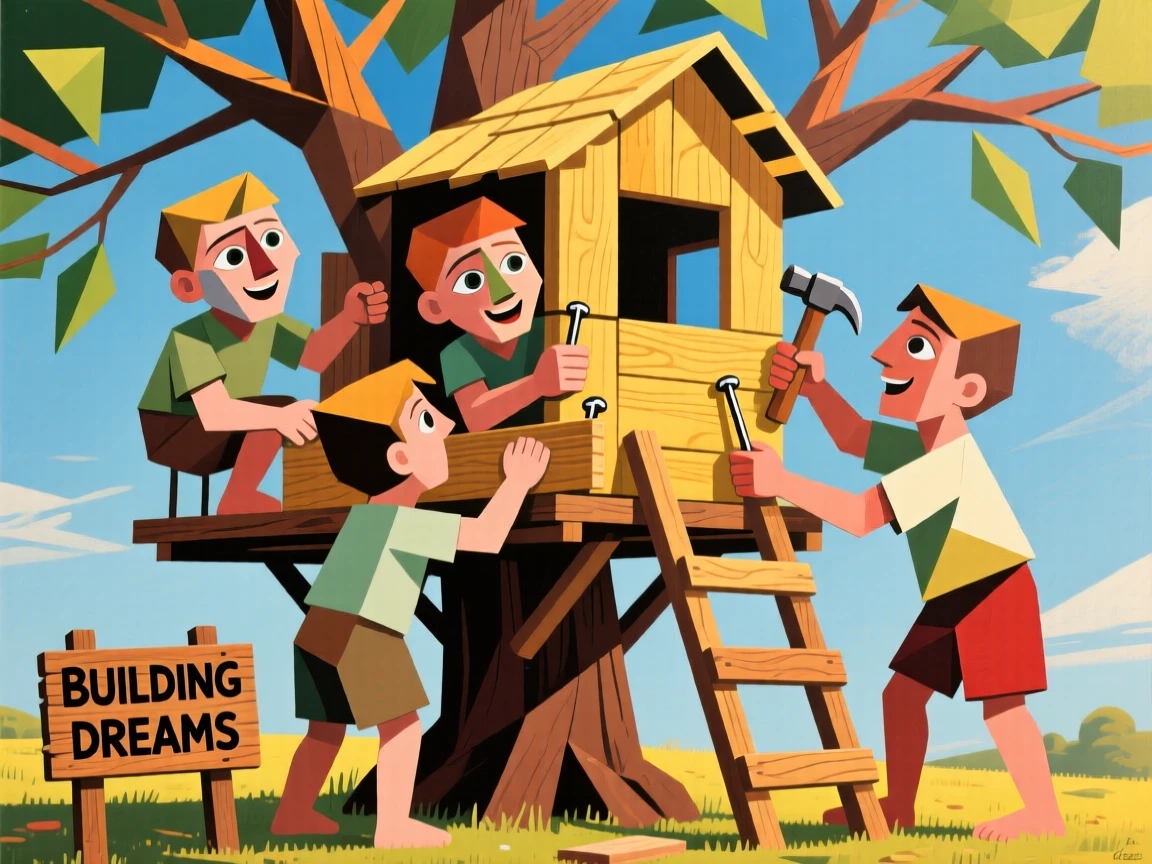 A group of children building a treehouse together on a warm summer afternoon.
