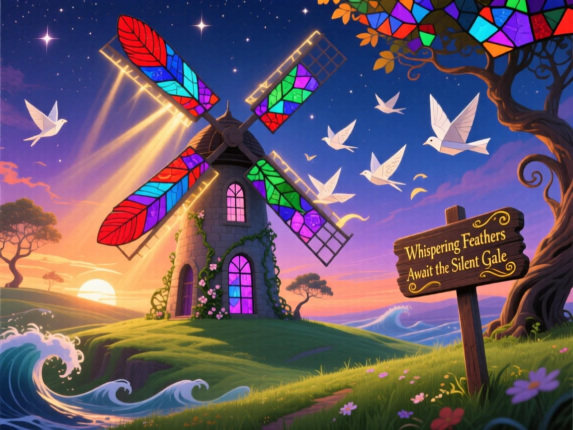 A windmill with sails made of stained glass feathers casts no shadow despite the low afternoon sun, while birds made of paper drift past its windows.