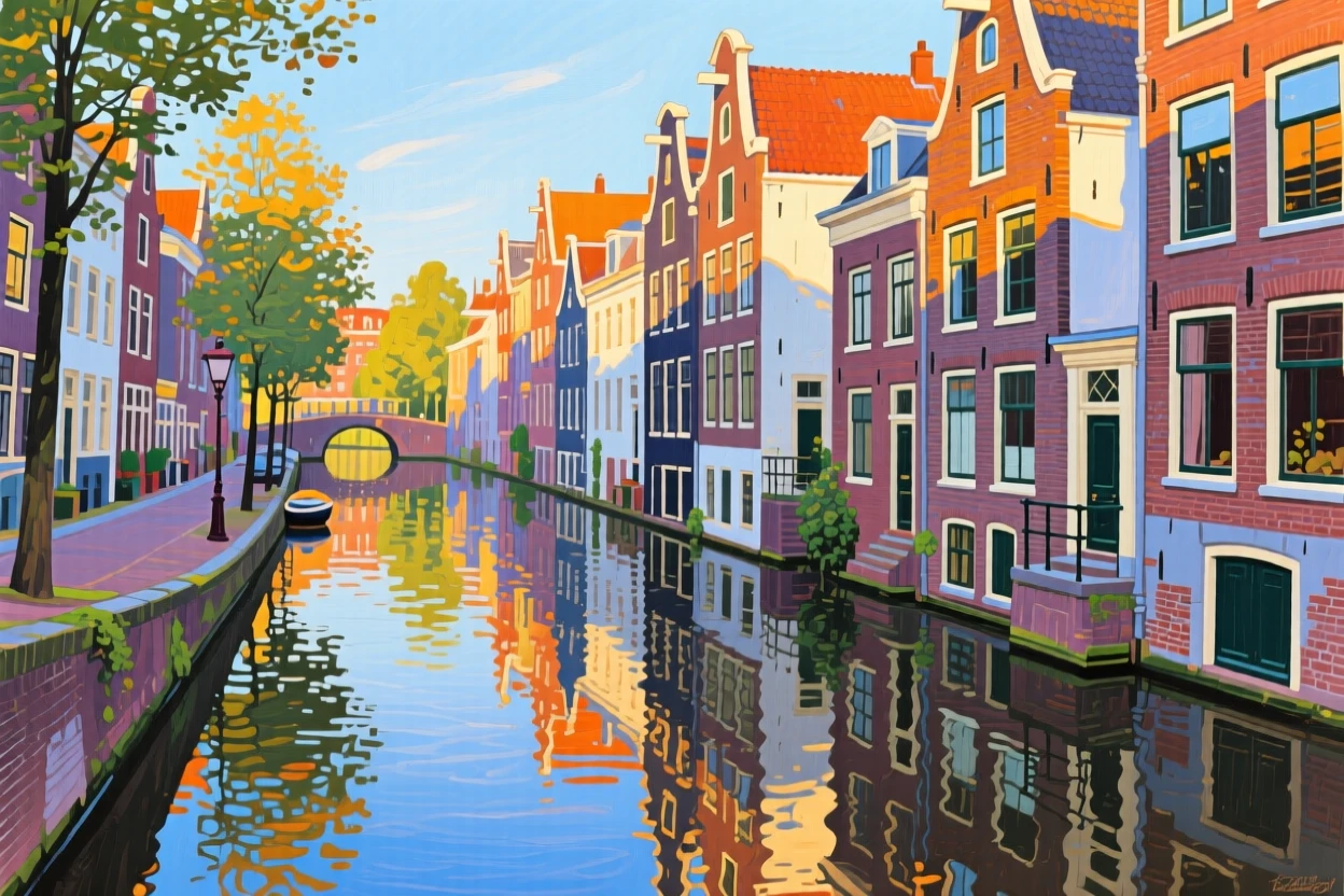 A quiet canal street in Amsterdam lined with narrow gabled houses reflected in still water