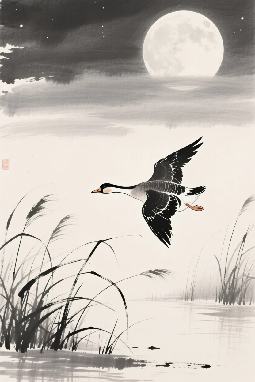 A single goose calls out as it flies low over a reed marsh, with the moon rising large and pale behind them.