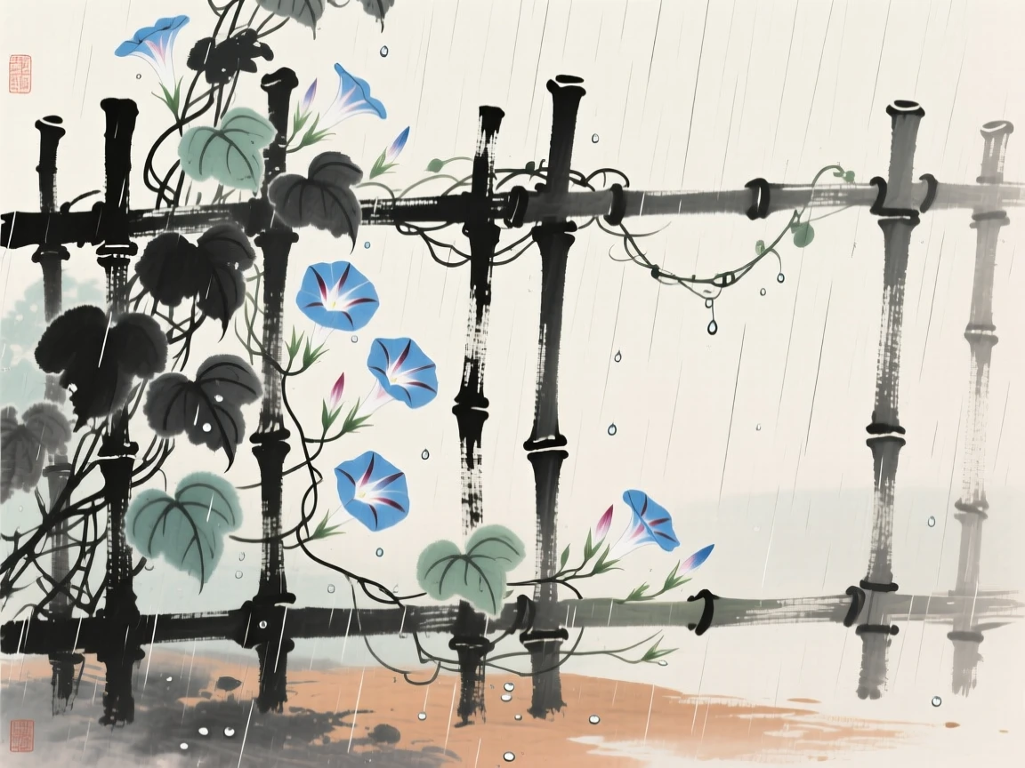 Morning glories climbing a bamboo fence in the early light, through a curtain of fine rain.