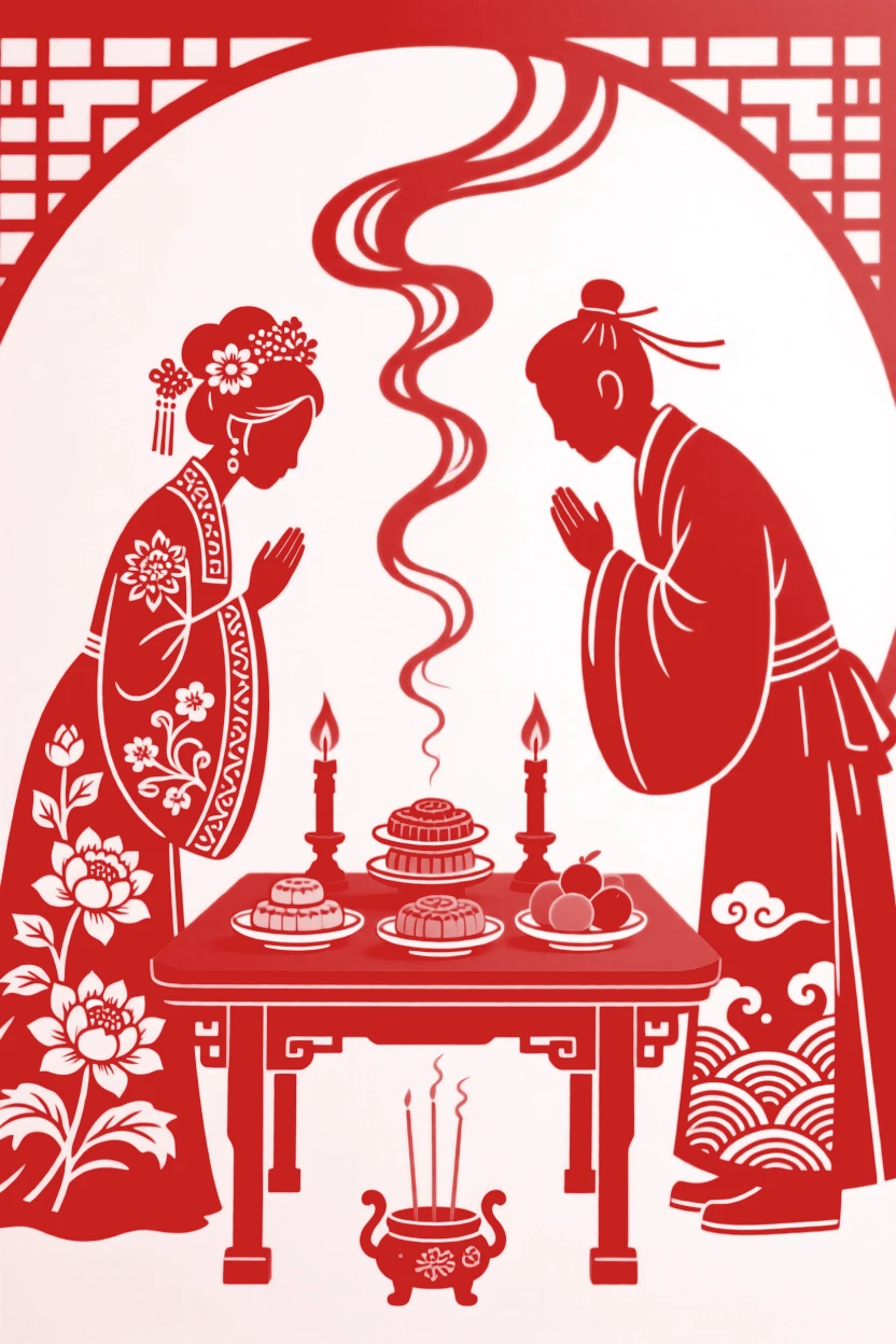 A red-robed bride and groom bowing before an altar table laden with candles and offerings during a traditional wedding ceremony, an incense burner sending up thin curls of smoke