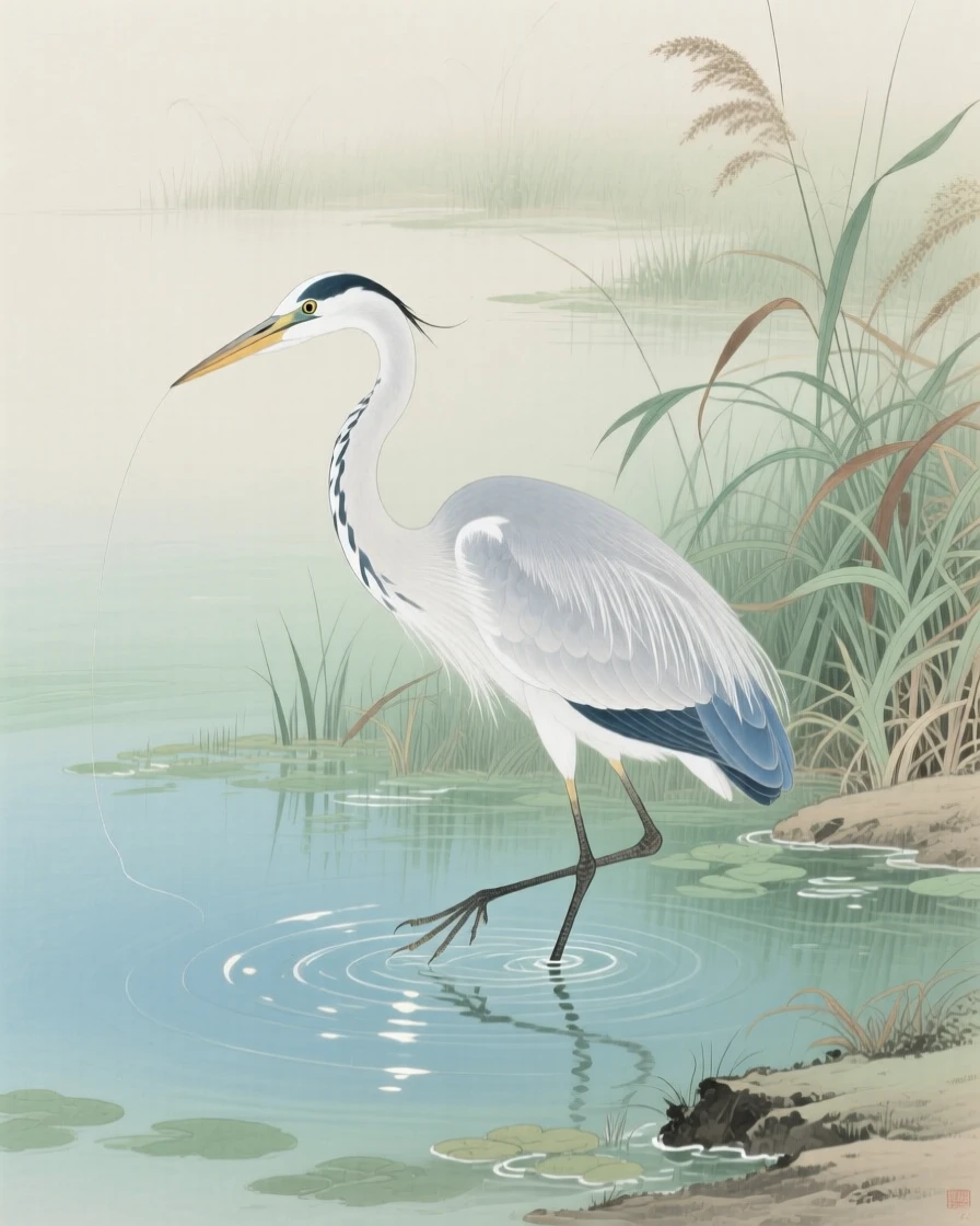 A heron fishing at the edge of a marsh in clear water dappled with sunlight